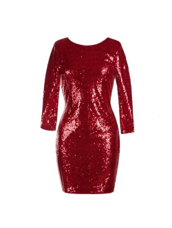 Womens 3/4 Sleeve V Neck Sequin Sparkle Glitzy Glam Flapper Party Dress Cocktail Glitter Bodycon Wedding Evening Clubwear