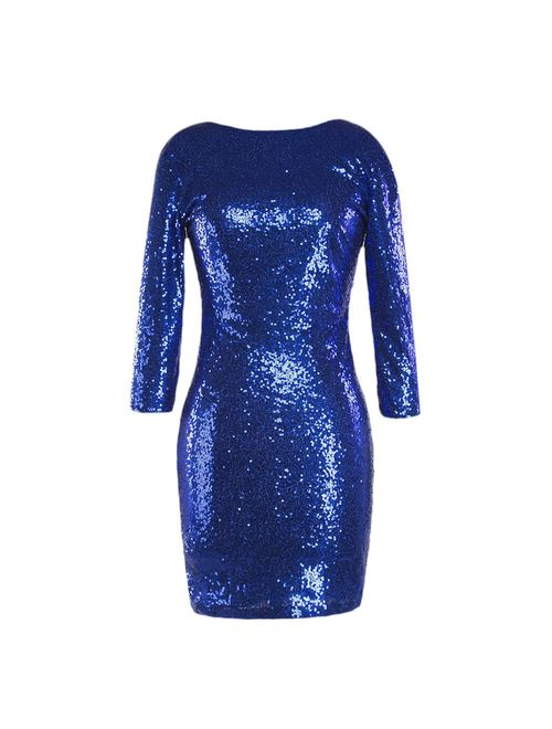 Womens 3/4 Sleeve V Neck Sequin Sparkle Glitzy Glam Flapper Party Dress Cocktail Glitter Bodycon Wedding Evening Clubwear