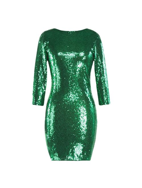 Womens 3/4 Sleeve V Neck Sequin Sparkle Glitzy Glam Flapper Party Dress Cocktail Glitter Bodycon Wedding Evening Clubwear