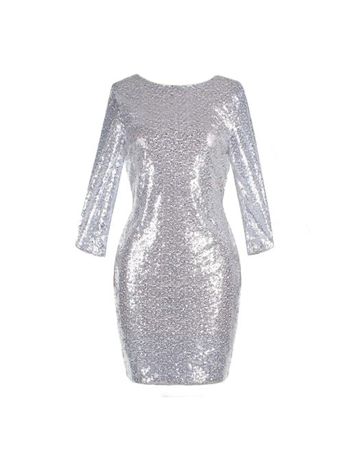 Womens 3/4 Sleeve V Neck Sequin Sparkle Glitzy Glam Flapper Party Dress Cocktail Glitter Bodycon Wedding Evening Clubwear