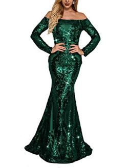 Yissang Women's Off Shoulder Floral Sequined Sparkle Party Evening Cocktail Mermaid Maxi Long Dress Prom Gowns