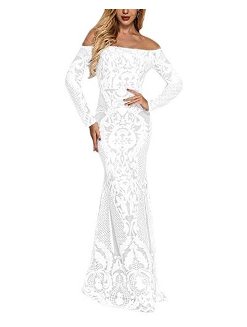 Yissang Women's Off Shoulder Floral Sequined Sparkle Party Evening Cocktail Mermaid Maxi Long Dress Prom Gowns