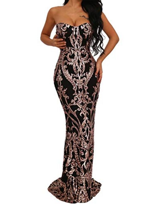 Yissang Women's Off Shoulder Floral Sequined Sparkle Party Evening Cocktail Mermaid Maxi Long Dress Prom Gowns