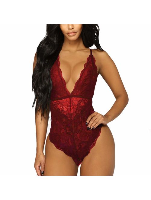 Aranmei Women Deep V Sexy Lace Bodysuit Sna-p Crotch Lingerie Teddy Underwear