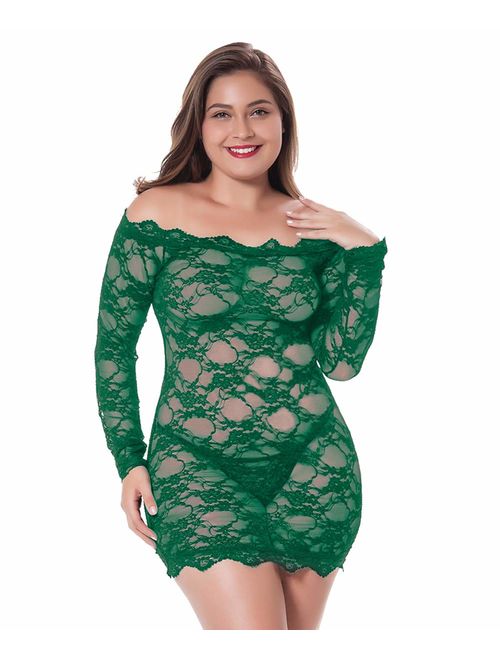 LINGERLOVE Womens Plus Size Sexy Lingerie Chemise Floral Lace Babydoll See Through Bodysuit Lingerie