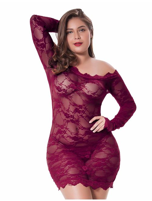 LINGERLOVE Womens Plus Size Sexy Lingerie Chemise Floral Lace Babydoll See Through Bodysuit Lingerie