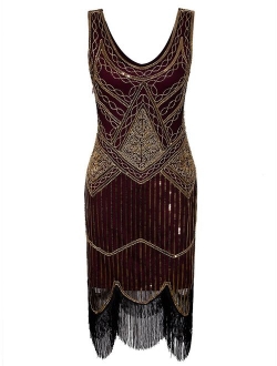 Vijiv Women's 1920s Gastby Inspired Sequined Embellished Fringed Flapper Dress