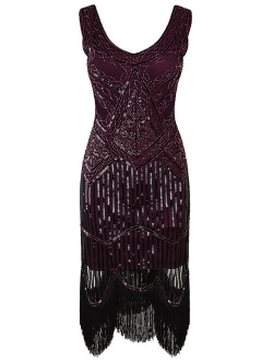 Vijiv Women's 1920s Gastby Inspired Sequined Embellished Fringed Flapper Dress