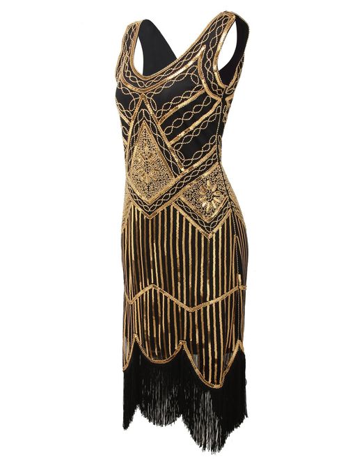 Vijiv Women's 1920s Gastby Inspired Sequined Embellished Fringed Flapper Dress