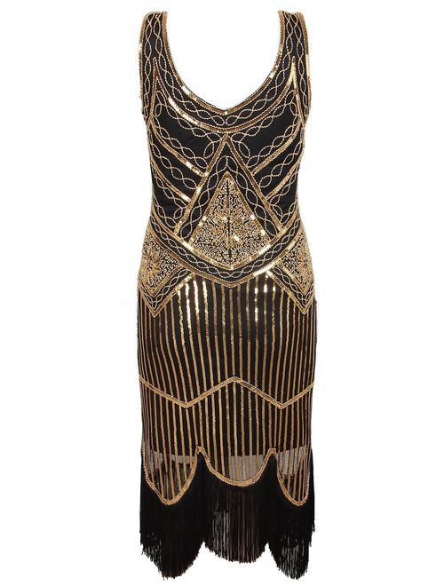 Vijiv Women's 1920s Gastby Inspired Sequined Embellished Fringed Flapper Dress