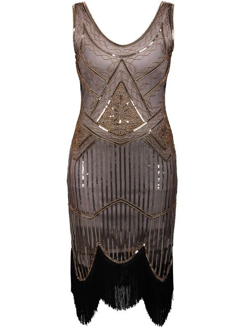 Vijiv Women's 1920s Gastby Inspired Sequined Embellished Fringed Flapper Dress