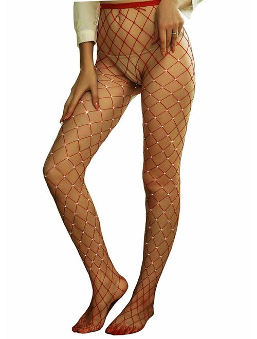 Betteraim Women's Hollow Out Rhinestone Fishnet Pantyhose Tights