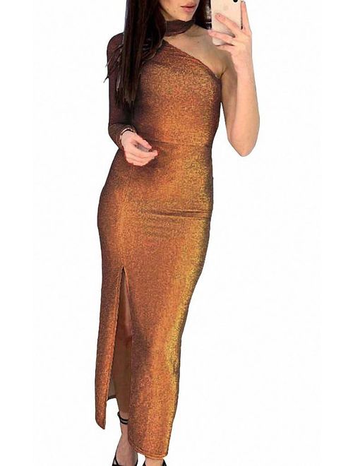 Remelon Women Long Sleeve Shiny Embellished Glitter Mesh Cut Out Bodycon Flowy Mermaid Party Maxi Long Dresses