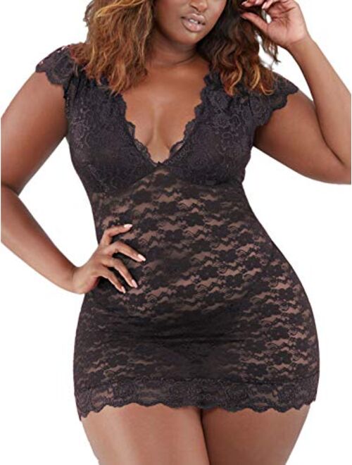 chiclover Women's Plus Size Chemise Floral Lace Lingerie Sexy Bodysuit Mesh Babydoll Sleepwear