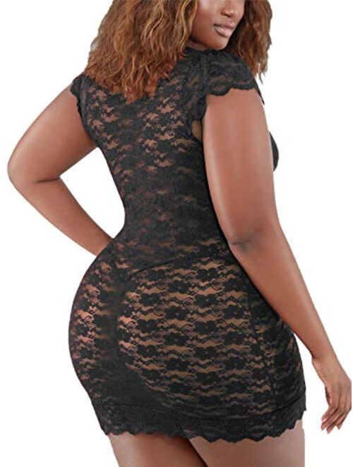 chiclover Women's Plus Size Chemise Floral Lace Lingerie Sexy Bodysuit Mesh Babydoll Sleepwear