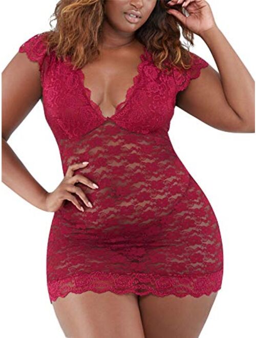 chiclover Women's Plus Size Chemise Floral Lace Lingerie Sexy Bodysuit Mesh Babydoll Sleepwear