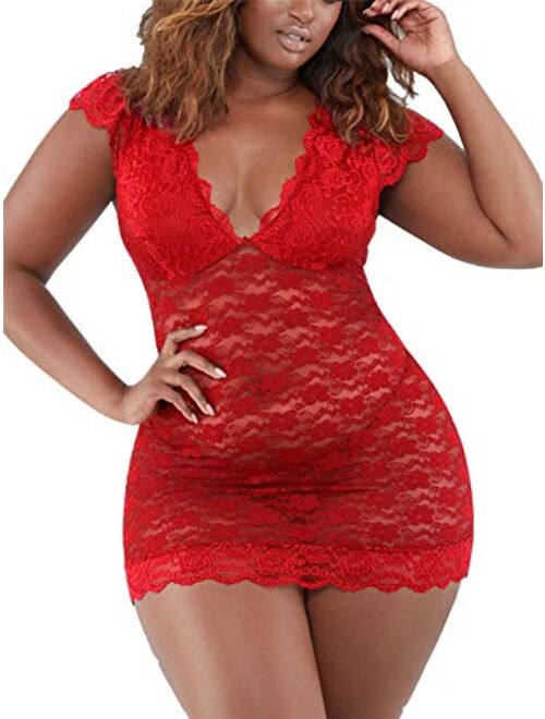 chiclover Women's Plus Size Chemise Floral Lace Lingerie Sexy Bodysuit Mesh Babydoll Sleepwear