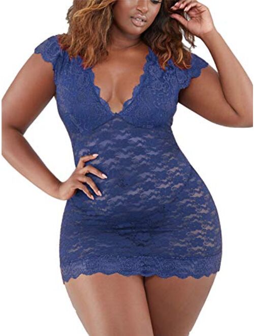 chiclover Women's Plus Size Chemise Floral Lace Lingerie Sexy Bodysuit Mesh Babydoll Sleepwear