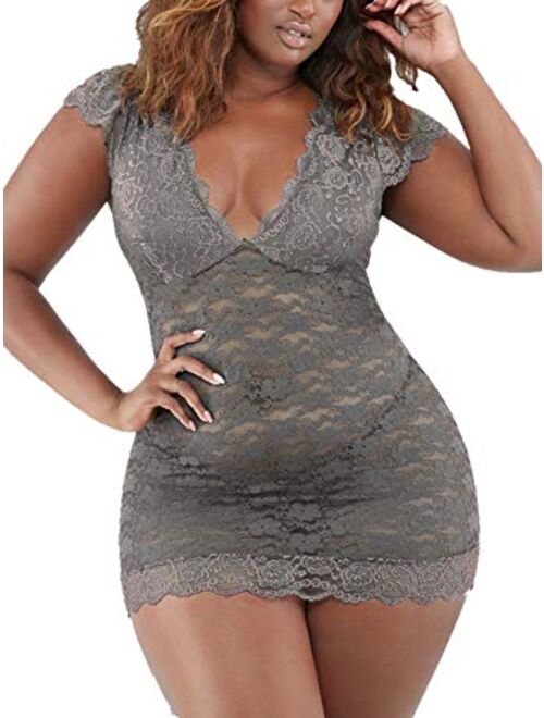 chiclover Women's Plus Size Chemise Floral Lace Lingerie Sexy Bodysuit Mesh Babydoll Sleepwear