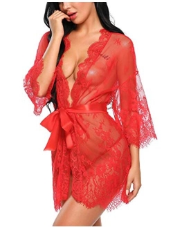 Women's Lace Kimono Robe Babydoll Lingerie Mesh Nightgown S-5XL