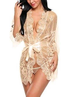 Women's Lace Kimono Robe Babydoll Lingerie Mesh Nightgown S-5XL