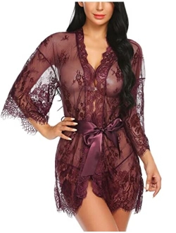 Women's Lace Kimono Robe Babydoll Lingerie Mesh Nightgown S-5XL