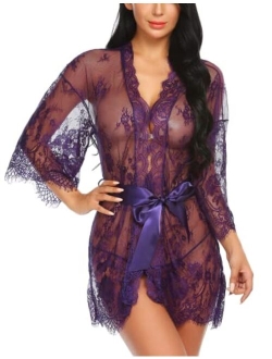 Women's Lace Kimono Robe Babydoll Lingerie Mesh Nightgown S-5XL