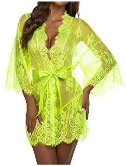 Women's Lace Kimono Robe Babydoll Lingerie Mesh Nightgown S-5XL