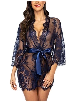 Women's Lace Kimono Robe Babydoll Lingerie Mesh Nightgown S-5XL