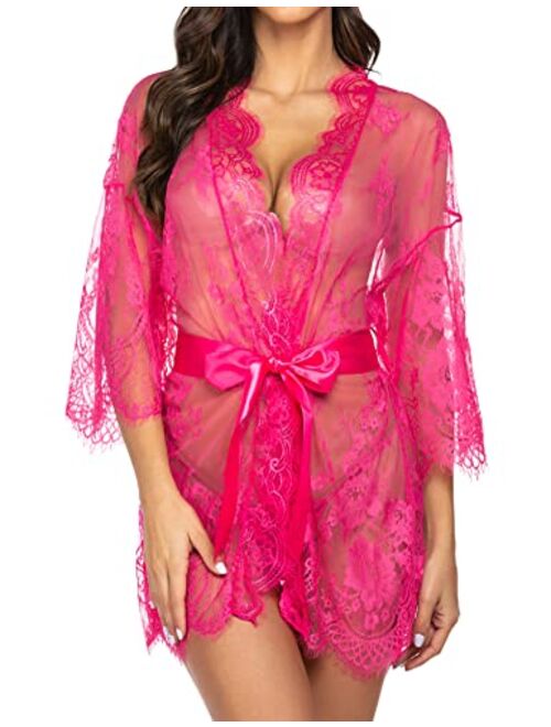 Avidlove Women's Lace Kimono Robe Babydoll Lingerie Mesh Nightgown S-5XL