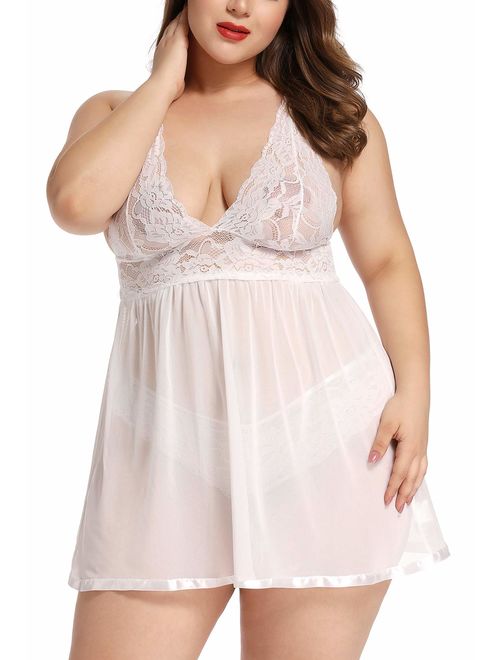 JuicyRose Open Back Lingerie Lace Babydoll Sleepwear Plus Size