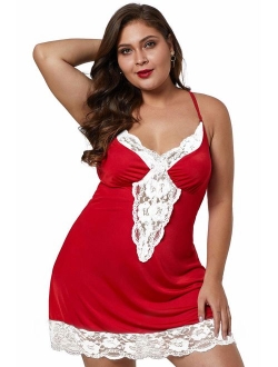 XAKALAKA Women Plus Size Babydoll Lingerie Back Crisscross Lace Trim Chemise Sleepwear