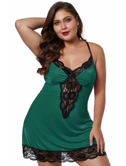 XAKALAKA Women Plus Size Babydoll Lingerie Back Crisscross Lace Trim Chemise Sleepwear