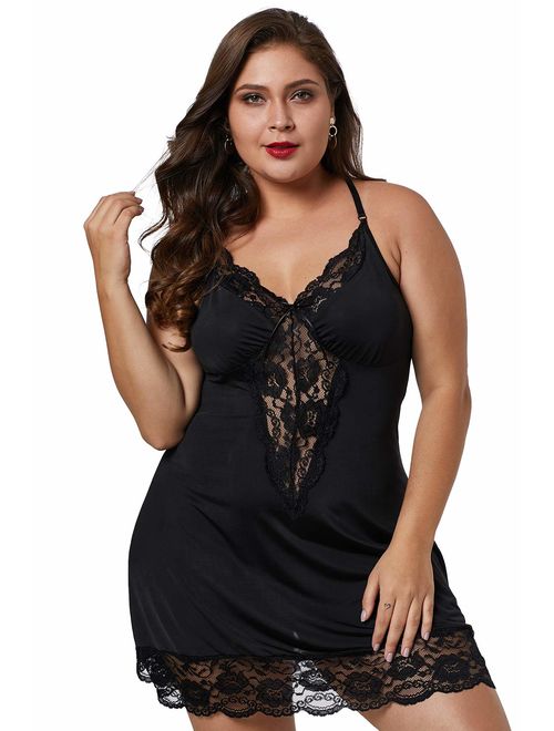 XAKALAKA Women Plus Size Babydoll Lingerie Back Crisscross Lace Trim Chemise Sleepwear