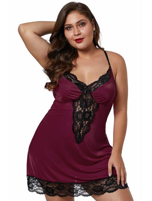 XAKALAKA Women Plus Size Babydoll Lingerie Back Crisscross Lace Trim Chemise Sleepwear