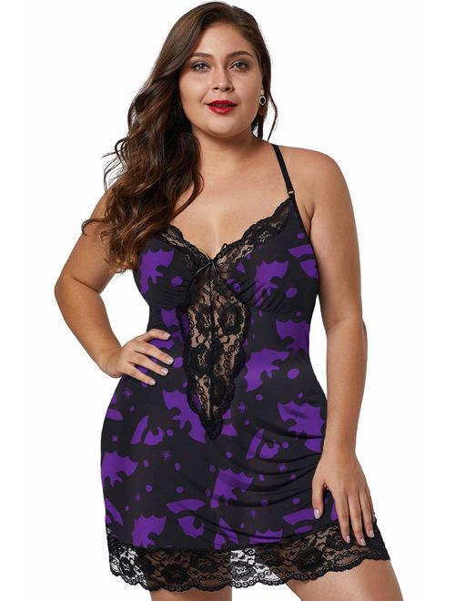 XAKALAKA Women Plus Size Babydoll Lingerie Back Crisscross Lace Trim Chemise Sleepwear