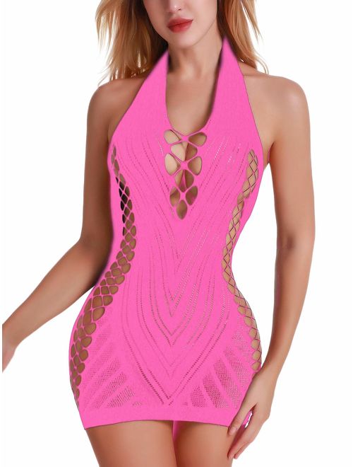 FasiCat Women Fishnet Babydoll Lingerie Chemise Halter Nightwear Mini Teddy Dress