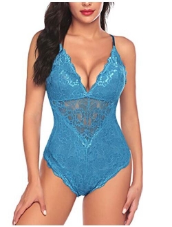 Women Snap Crotch Lingerie Sexy Lace Bodysuit Deep V Teddy One Piece Lace Babydoll