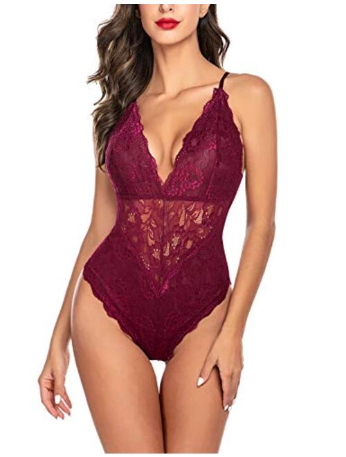 Avidlove Women Snap Crotch Lingerie Sexy Lace Bodysuit Deep V Teddy One Piece Lace Babydoll