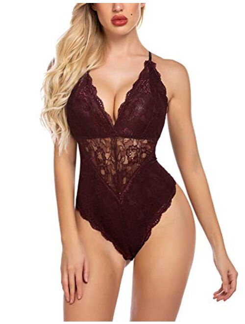 Avidlove Women Snap Crotch Lingerie Sexy Lace Bodysuit Deep V Teddy One Piece Lace Babydoll