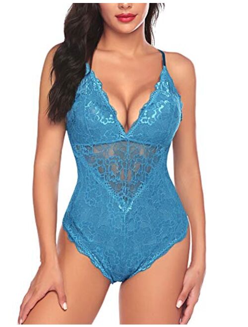 Avidlove Women Snap Crotch Lingerie Sexy Lace Bodysuit Deep V Teddy One Piece Lace Babydoll