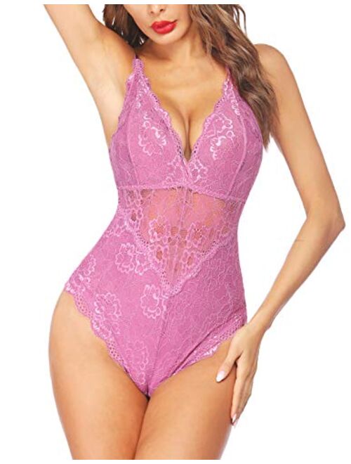 Avidlove Women Snap Crotch Lingerie Sexy Lace Bodysuit Deep V Teddy One Piece Lace Babydoll