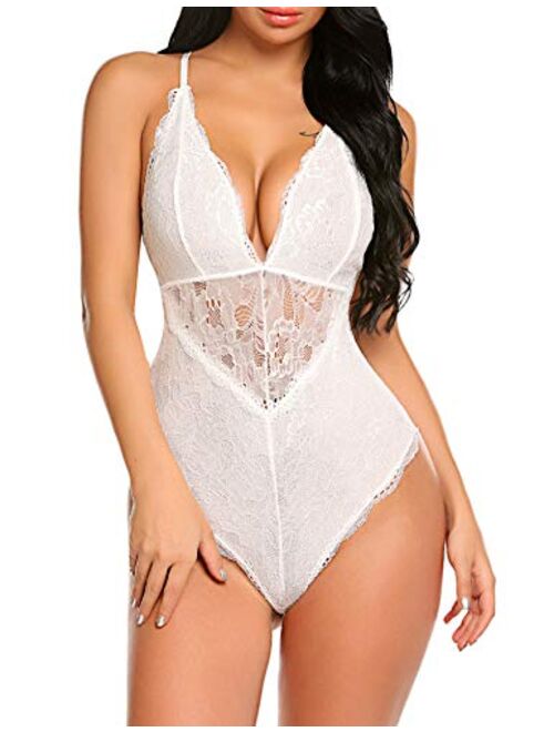 Avidlove Women Snap Crotch Lingerie Sexy Lace Bodysuit Deep V Teddy One Piece Lace Babydoll