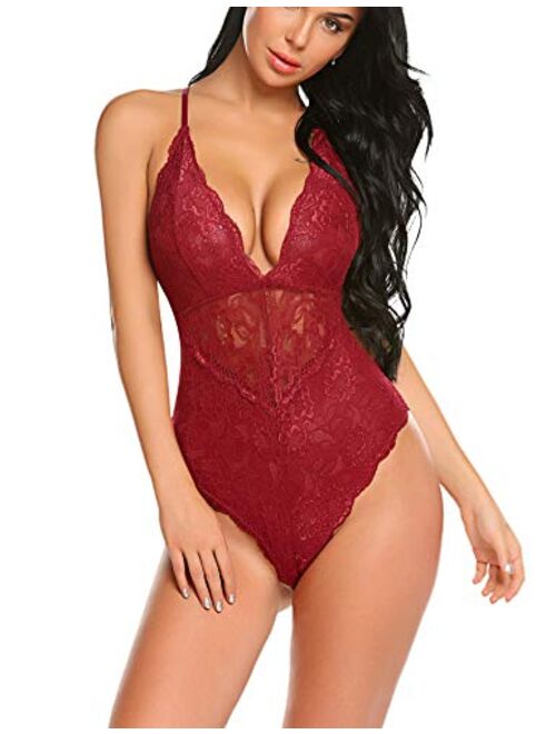 Avidlove Women Snap Crotch Lingerie Sexy Lace Bodysuit Deep V Teddy One Piece Lace Babydoll