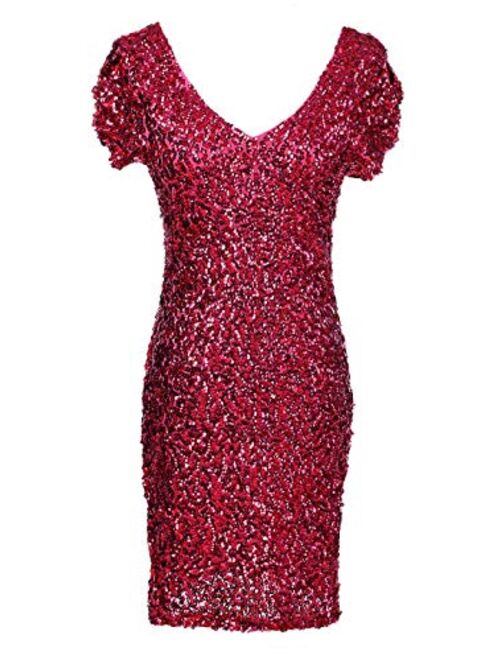 Anna Kaci Anna-Kaci Womens Sexy Short Sleeve Sequin Bodycon Mini Cocktail Party Club Dress