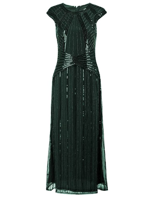 VIJIV 1920s Long Prom Dresses Cap Sleeve Beaded Sequin Maxi Evening Party Dress