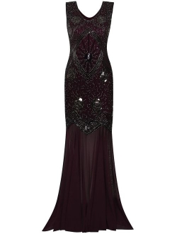 Vijiv Womens 1920s Inspired Cap Sleeve Beaded Sequin Gatsby Long Evening Prom Dress