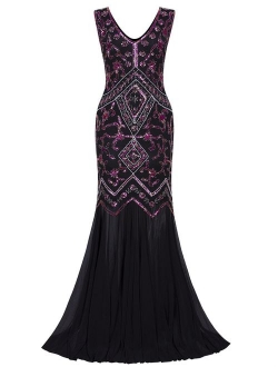 Vijiv Womens 1920s Inspired Cap Sleeve Beaded Sequin Gatsby Long Evening Prom Dress