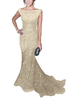 SOLOVEDRESS Women's Mermaid Sequined Formal Evening Dress for Wedding Prom Gown