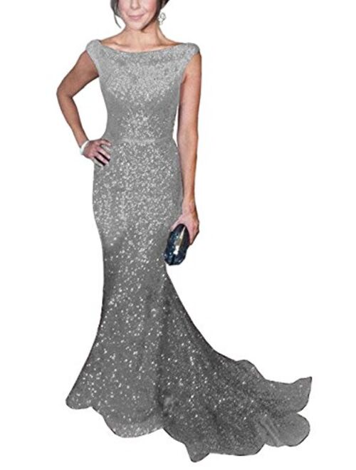 SOLOVEDRESS Women's Mermaid Sequined Formal Evening Dress for Wedding Prom Gown